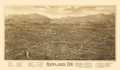 Historic Panoramic View - Rutland Vermont - Burleigh 1885 - 23 x 39.60 - Vintage Wall Art