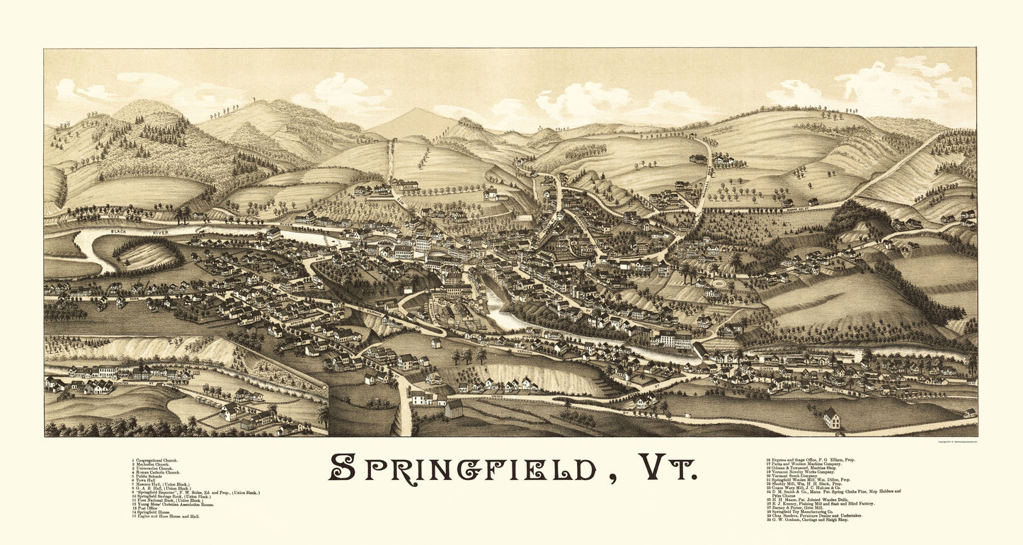 Historic Panoramic View - Springfield Vermont - Burleigh 1886 - 23 x 43.19 - Vintage Wall Art