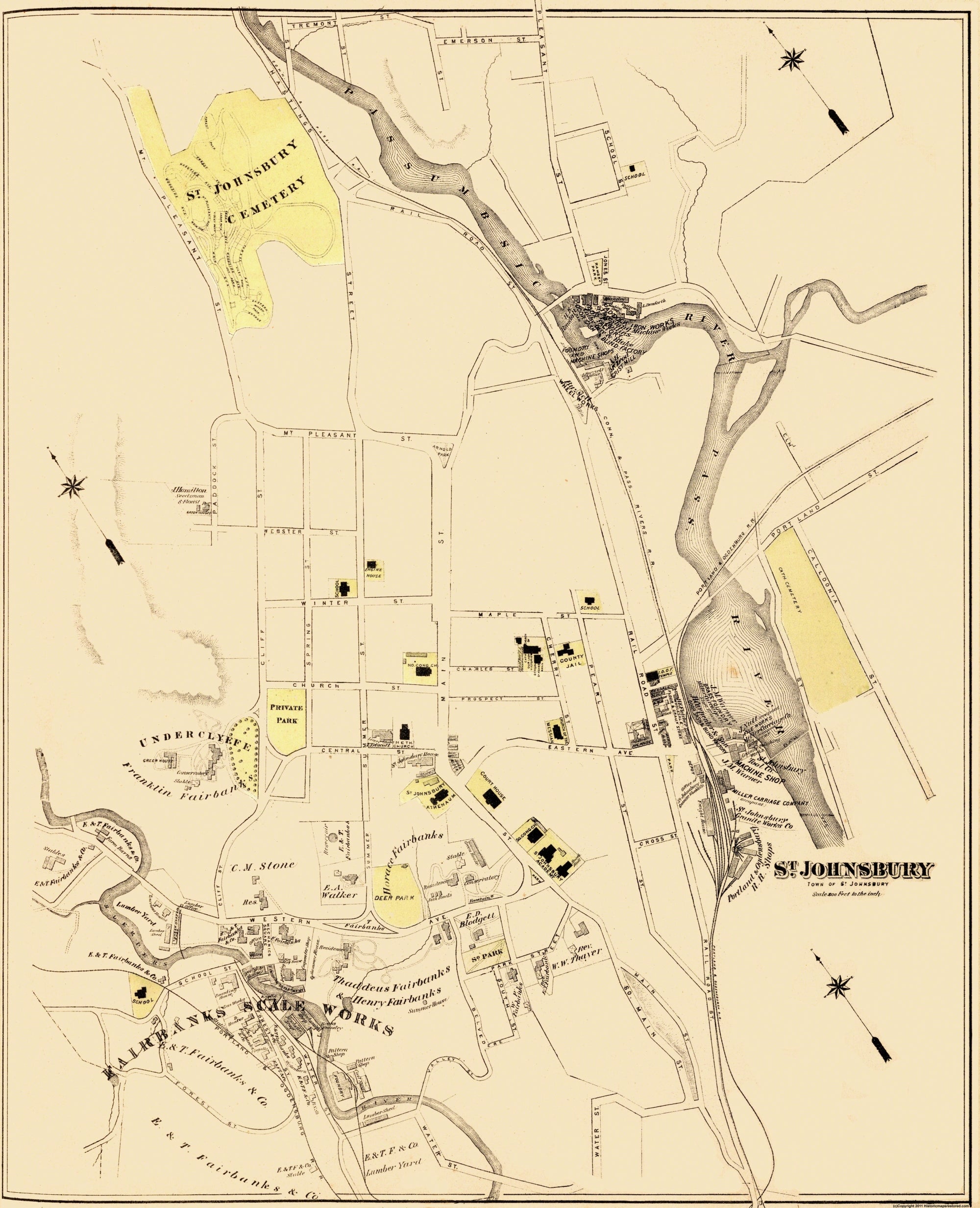 Stja Vt Map Historic City Map - St Johnsbury Vermont - Beers 1876 - Vintage Wall A ...
