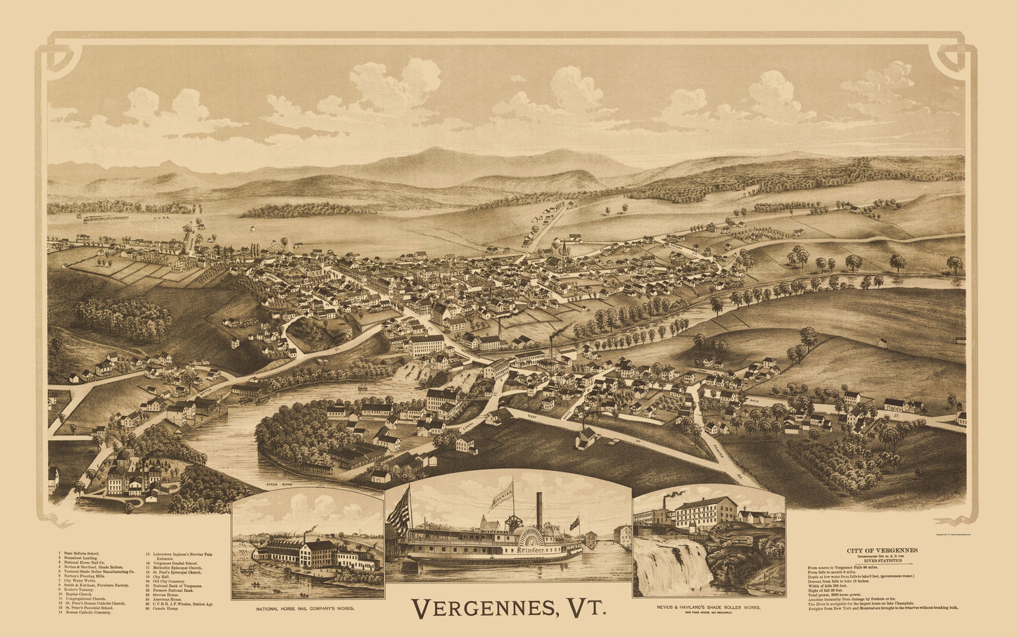 Historic Panoramic View - Vergennes Vermont - Burleigh 1890 - 23 x 36.74 - Vintage Wall Art