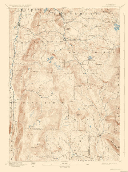 Topographical Map - Wallingford Vermont Quad - USGS 1893 - 23 x 30.77 - Vintage Wall Art