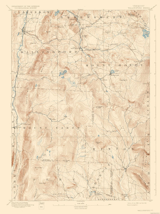 Topographical Map - Wallingford Vermont Quad - USGS 1893 - 23 x 30.77 - Vintage Wall Art