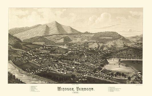 Historic Panoramic View - Windsor Vermont - Burleigh 1886 - 23 x 36.41 - Vintage Wall Art