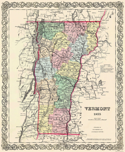 Historic State Map - Vermont - Colton 1855 - 23 x 28 - Vintage Wall Art