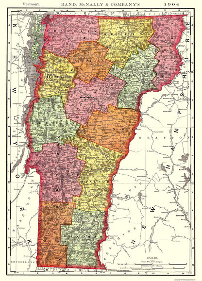 Historic State Map - Vermont - Rand McNally 1904 - 23 x 32 - Vintage Wall Art