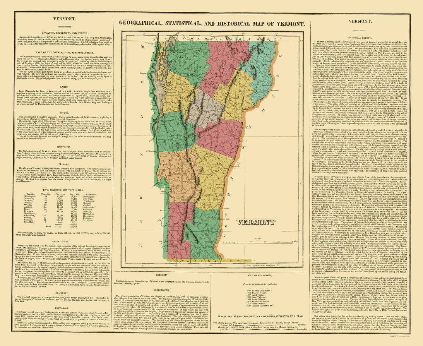 Historic State Map - Vermont - Carey and Lea 1822 - 23 x 28.12 - Vintage Wall Art