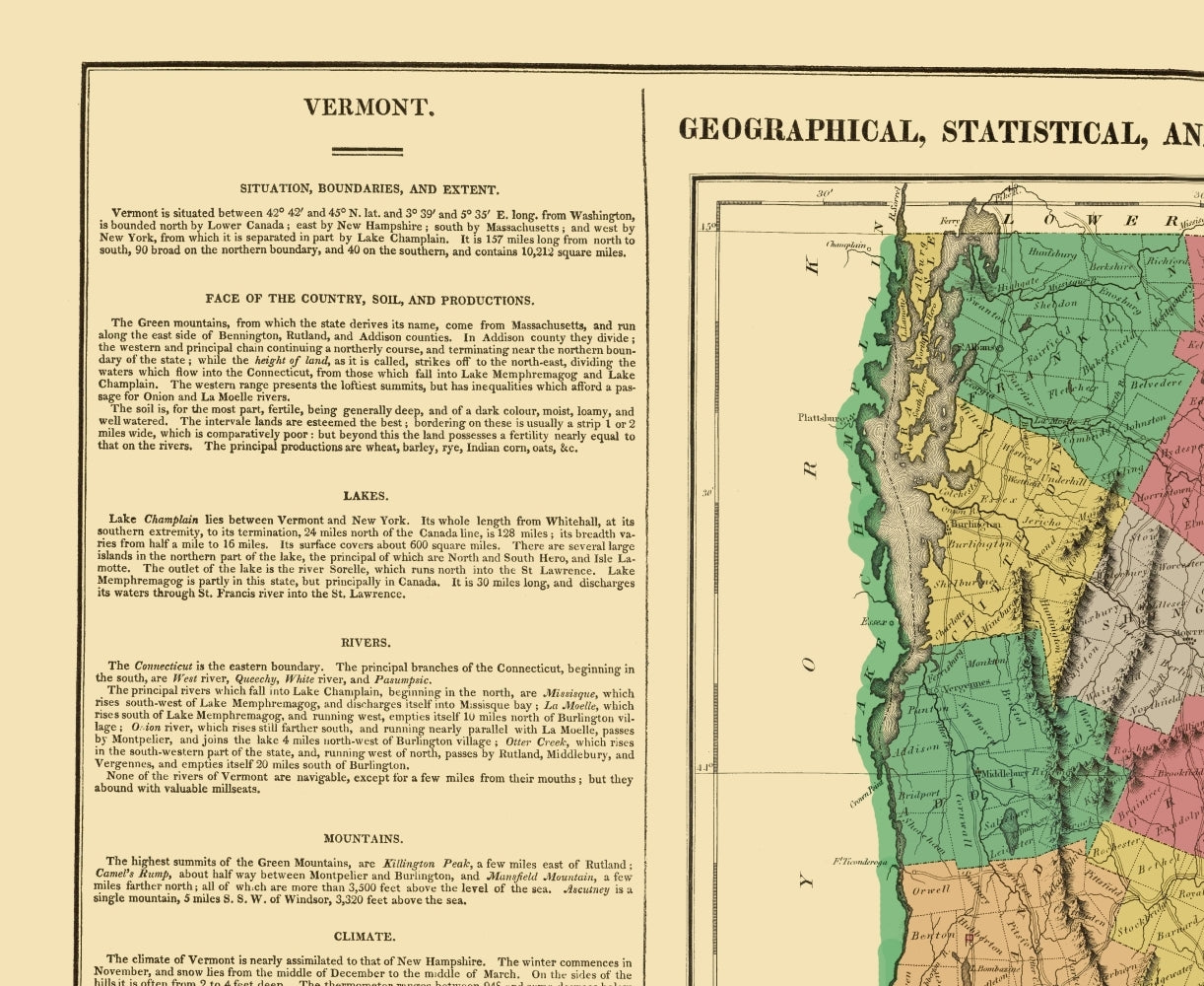 Historic State Map - Vermont - Carey and Lea 1822 - 23 x 28.12 - Vintage Wall Art