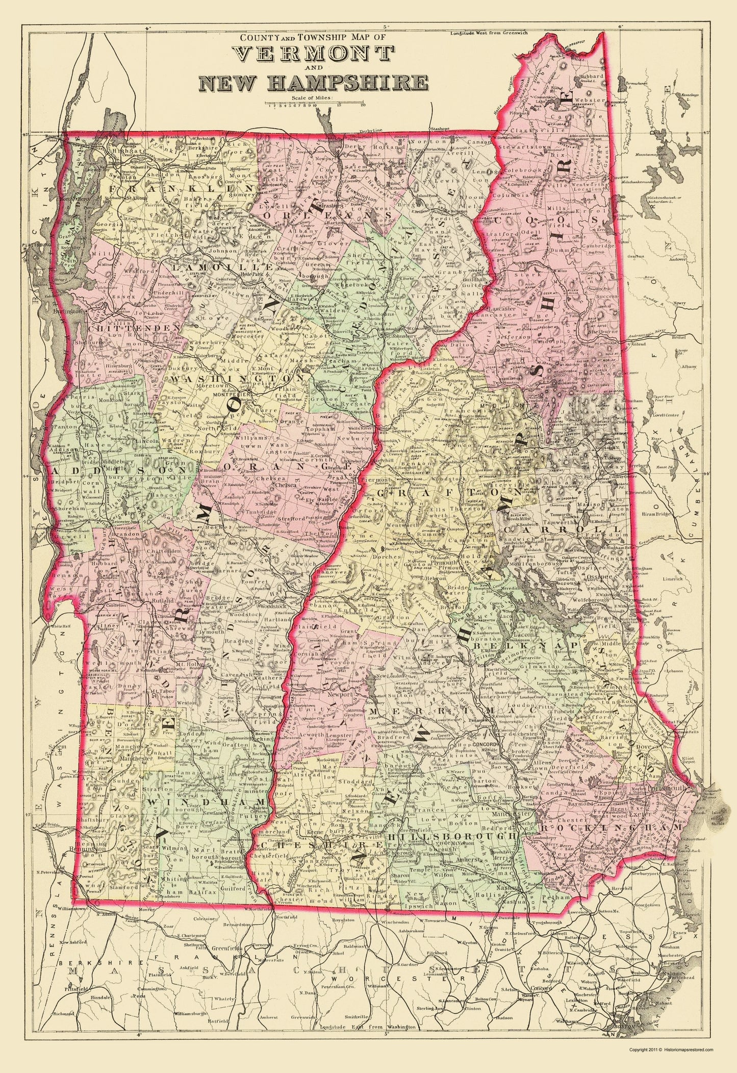 Historic State Map - Vermont New Hampshire - Bradley 1882 - 23 x 33.46 - Vintage Wall Art