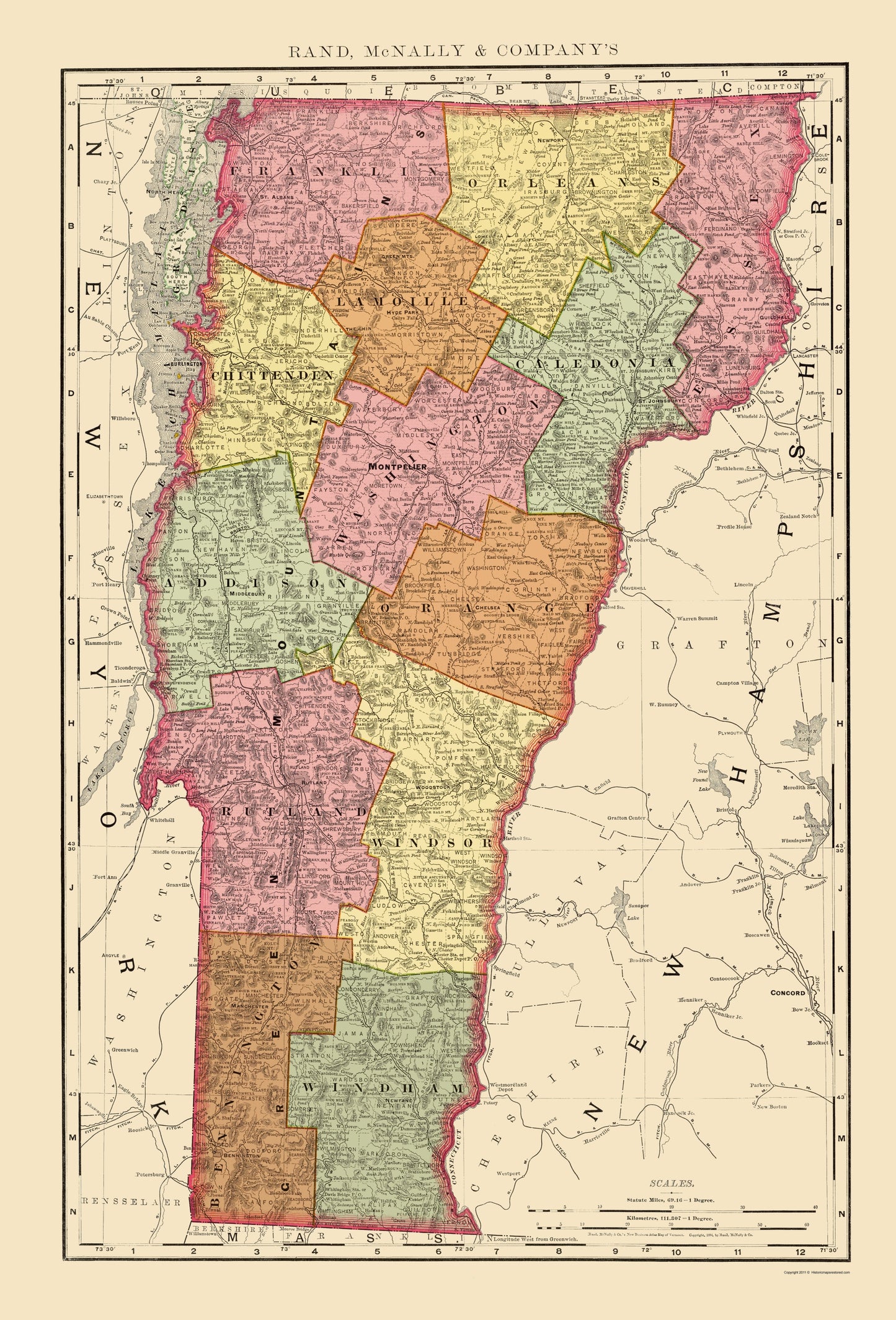 Historic State Map - Vermont - Rand McNally 1897 - 23 x 33.88 - Vintage Wall Art