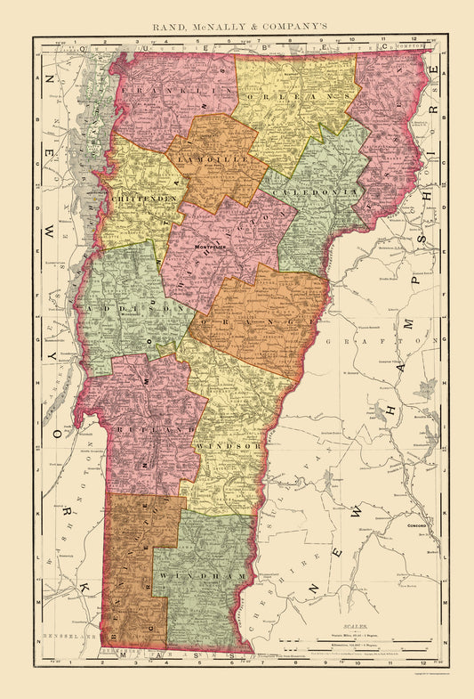 Historic State Map - Vermont - Rand McNally 1897 - 23 x 33.88 - Vintage Wall Art