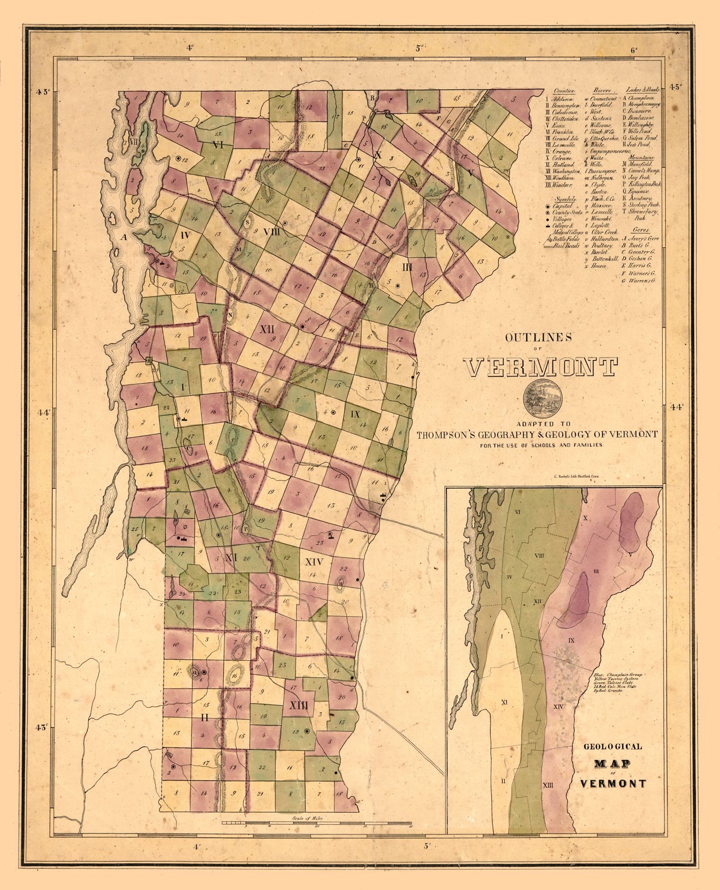 Historic State Map - Vermont Geological - Thompson 1848 - 23 x 28.42 - Vintage Wall Art