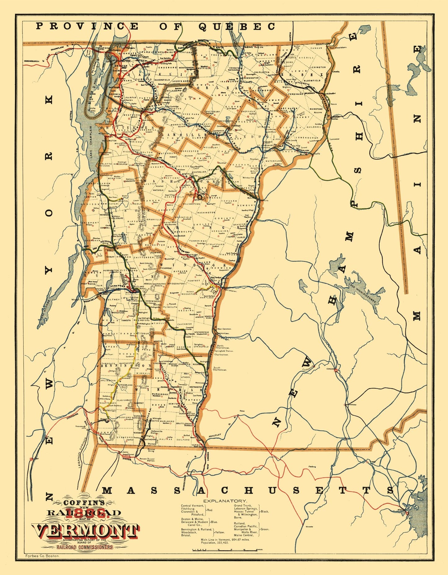 Railroad Map - Vermont - Coffin 1896 - 23 x 29.51 - Vintage Wall Art