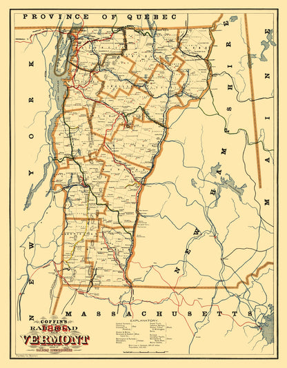 Railroad Map - Vermont - Coffin 1896 - 23 x 29.51 - Vintage Wall Art