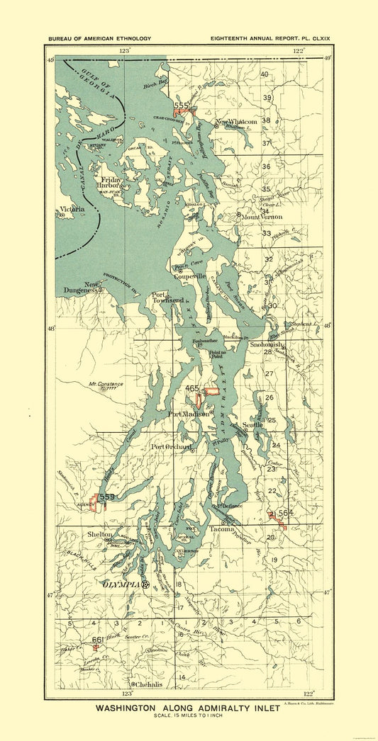 Historic State Map - Washington Admiralty Inlet - Hoen 1896 - 23 x 45.15 - Vintage Wall Art