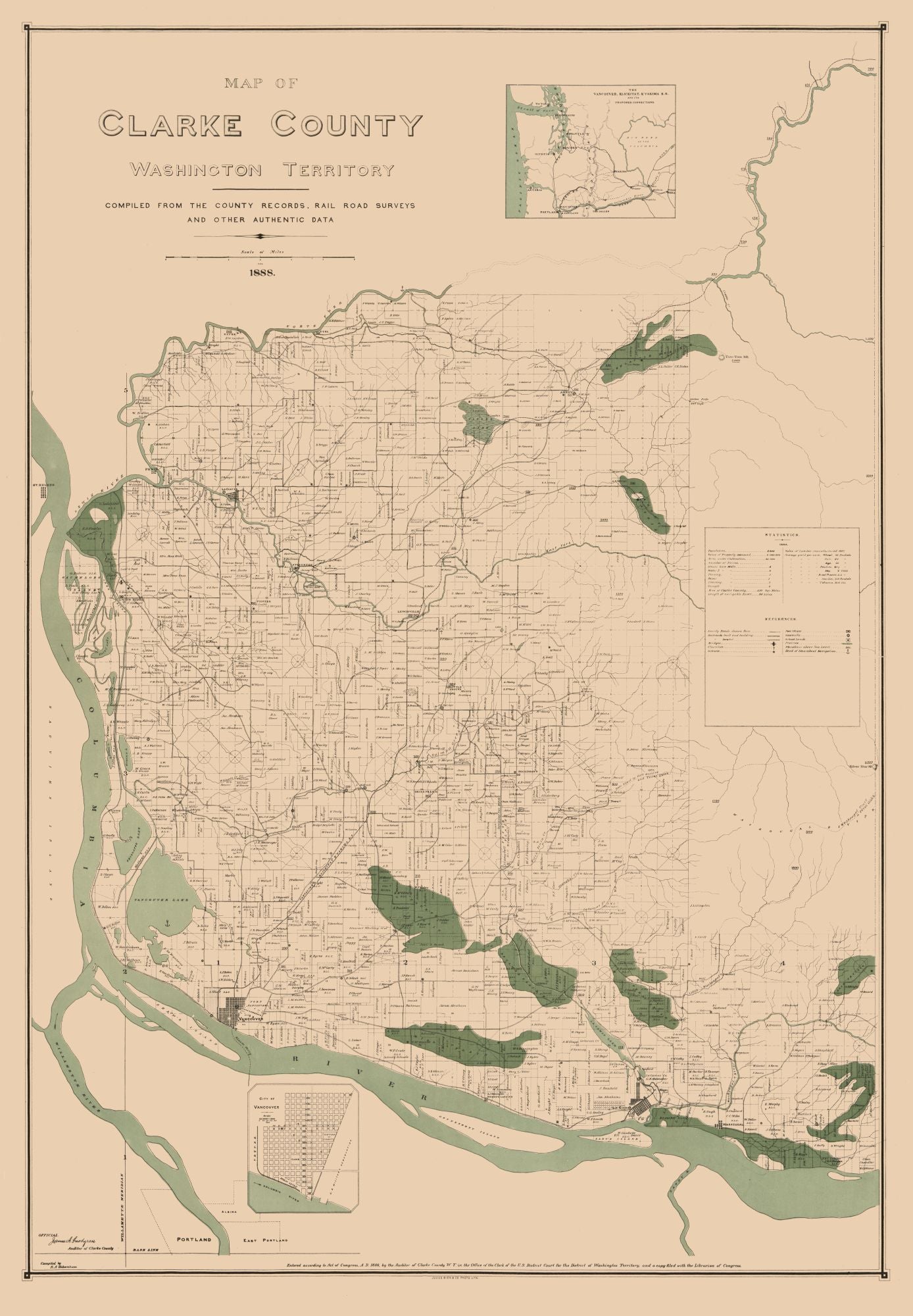 Historic County Map - Clarke County Washington - Habersham 1888 - 23 x 33.13 - Vintage Wall Art