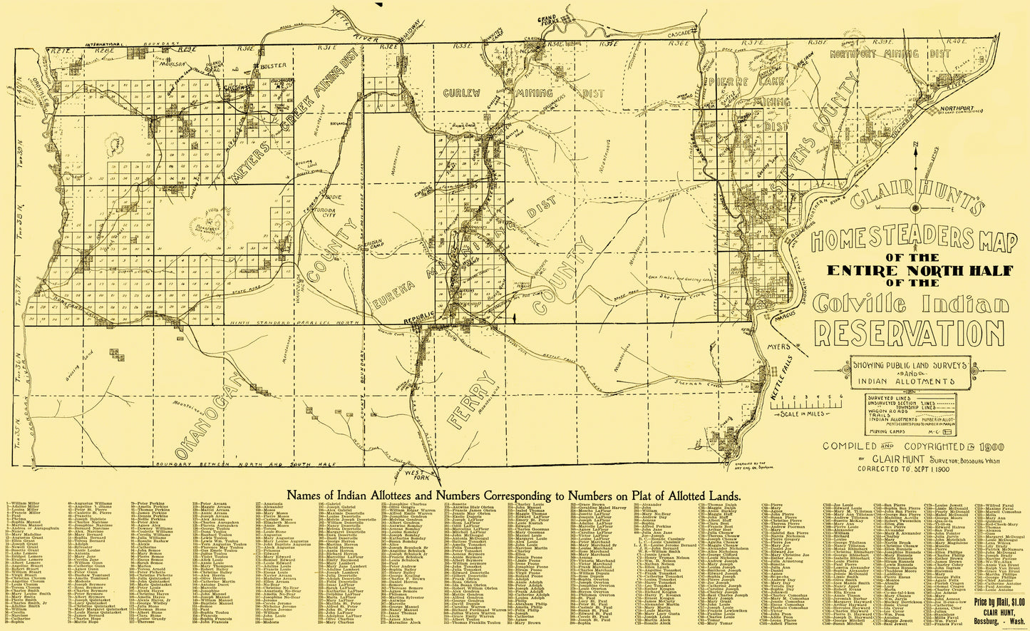 Historic State Map - Colville Indian Reservation Northern Counties - Hunt 1900 - 23 x 37 - Vintage Wall Art