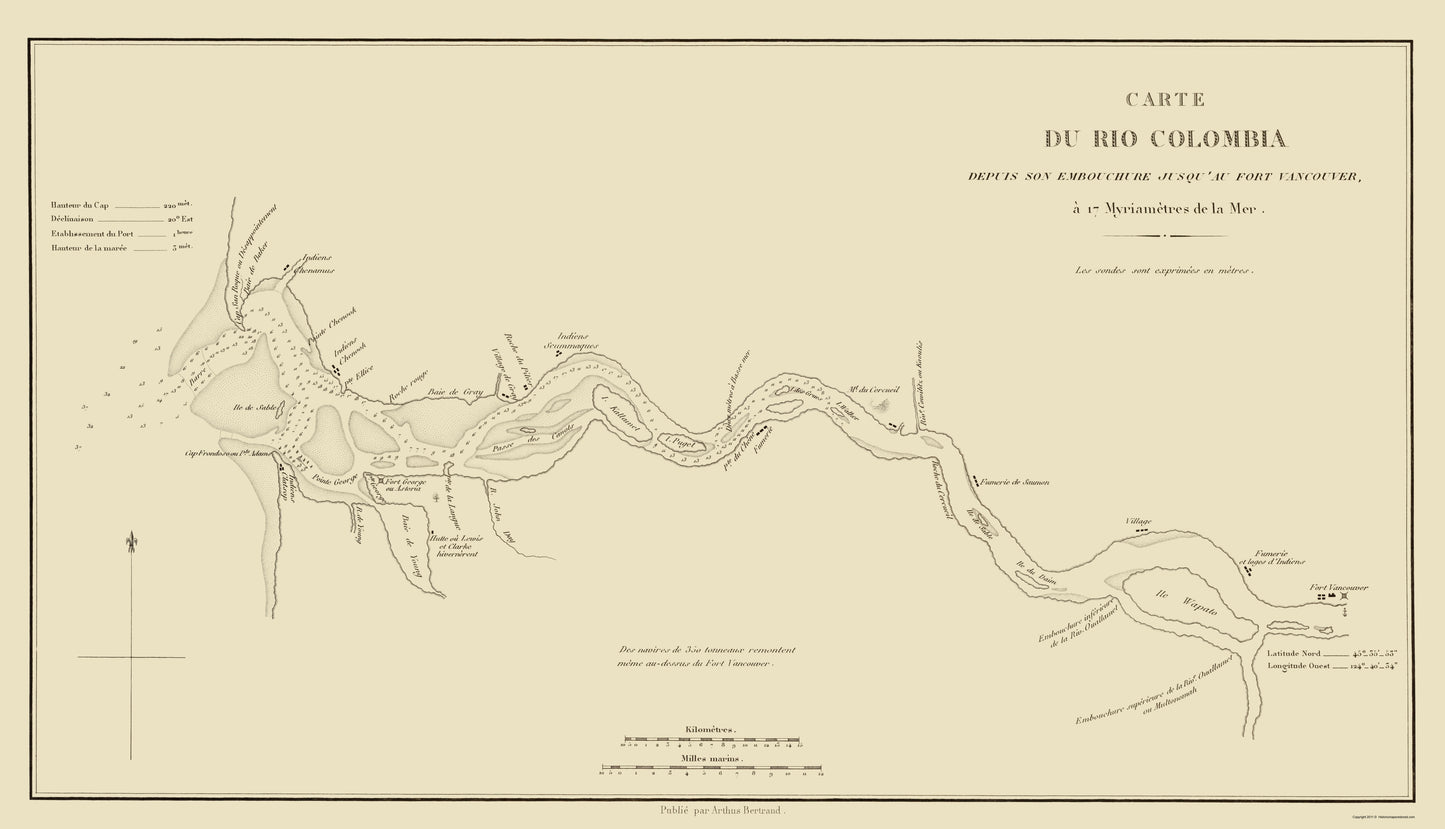 Historic Nautical Map - Oregon Washington Columbia River - Bertrand 1844 - 23 x 40.10 - Vintage Wall Art