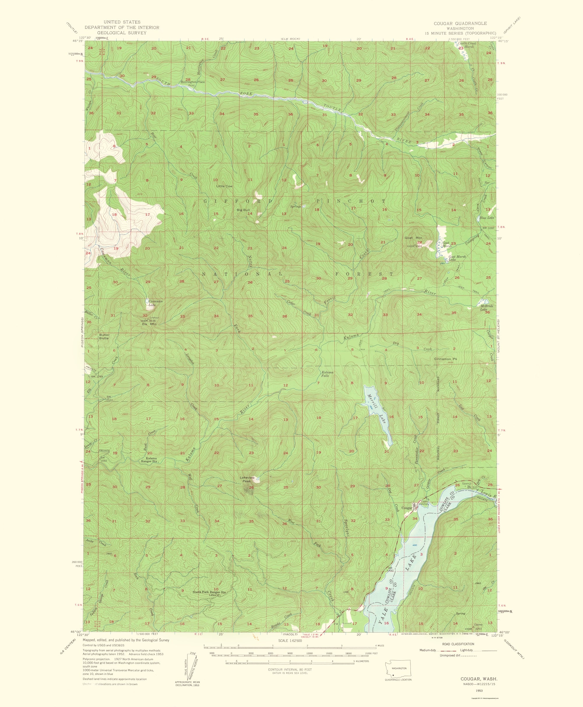 Topographical Map - Cougar Washington Quad - USGS 1963 - 23 x 27.87 ...