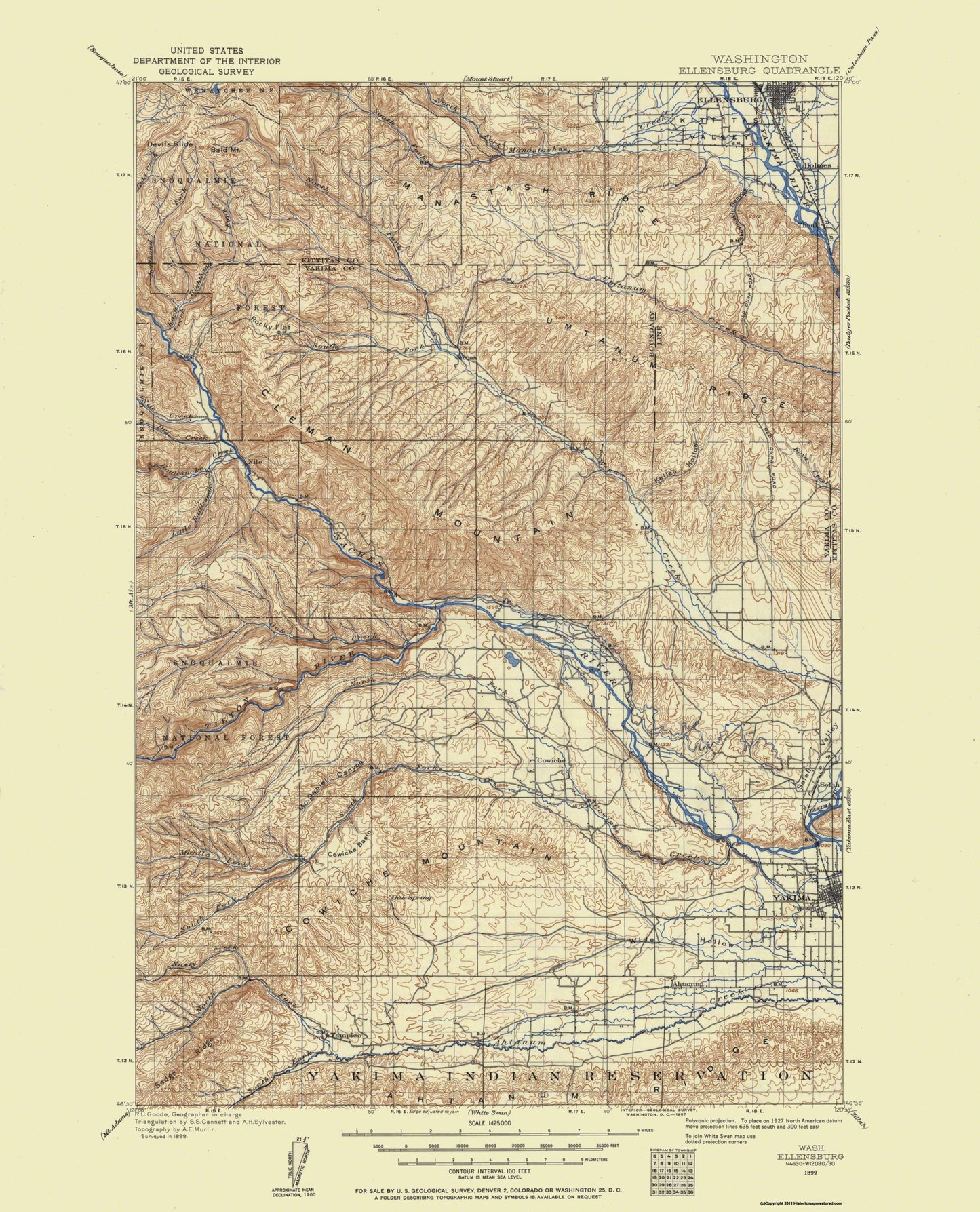 Topographical Map - Ellensburg Washington Quad - USGS 1899 - 23 x 28.45 - Vintage Wall Art