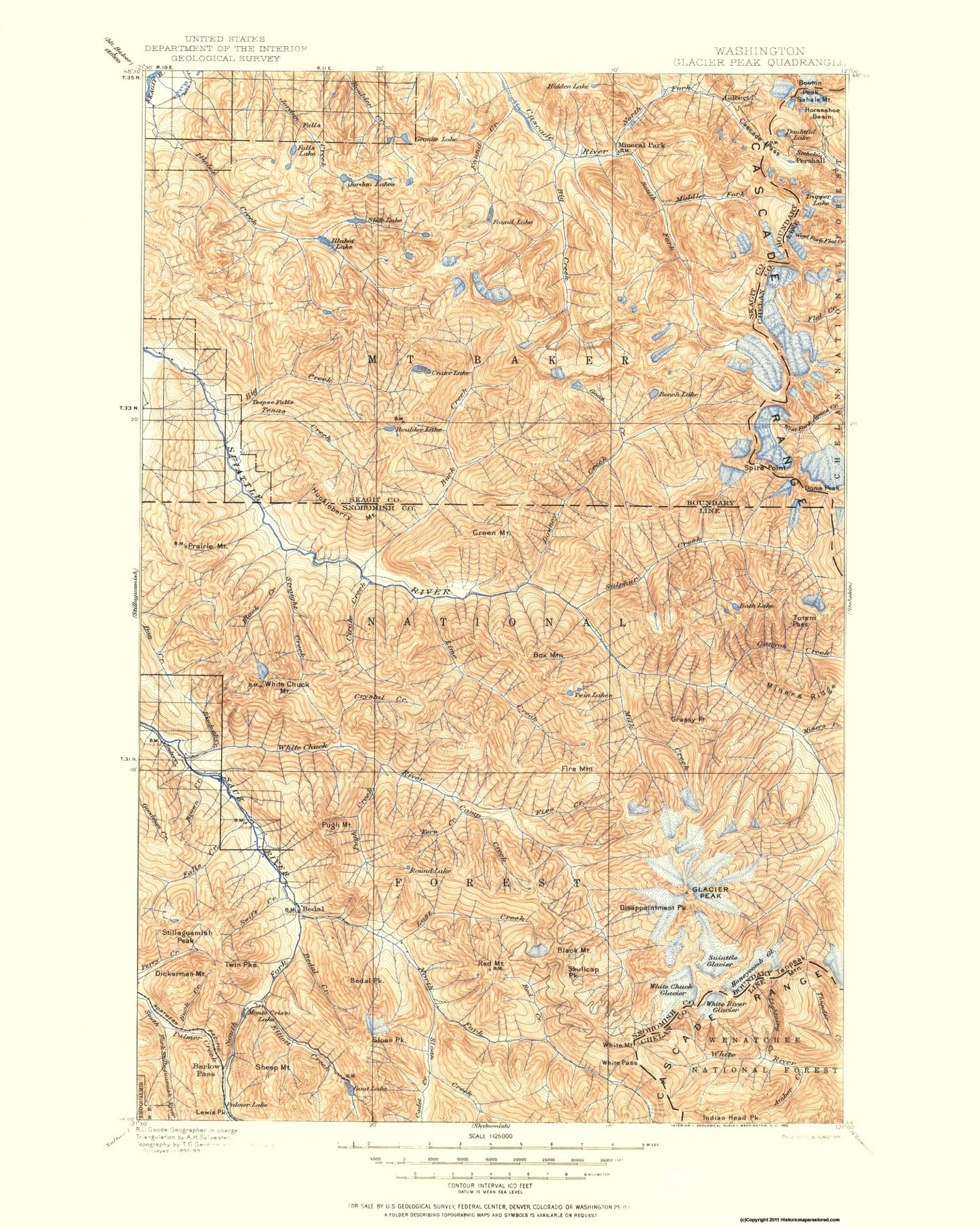 Topographical Map - Glacier Peak Washington Quad - USGS 1897 - 23 x 28.81 - Vintage Wall Art