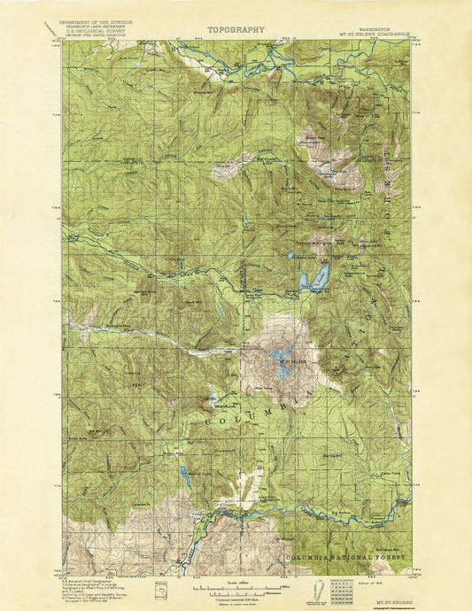 Topographical Map - Mt St Helens Washington Quad - USGS 1919 - 23 x 30.44 - Vintage Wall Art