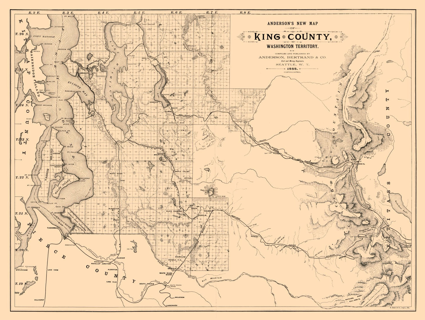 Historic County Map - King County Washington - Anderson 1888 - 30.51 x 23 - Vintage Wall Art