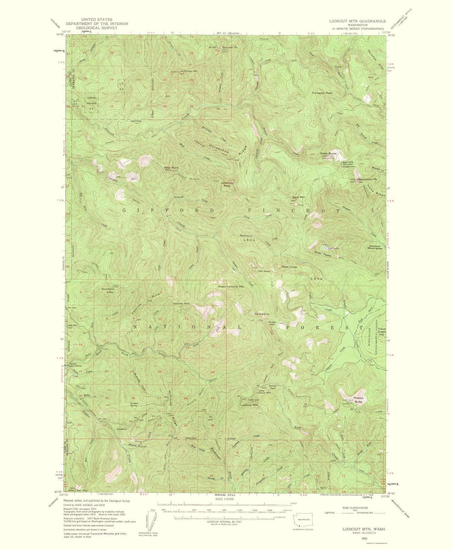 Topographical Map - Lookout Mountain Washington Quad - USGS 1963 - 23 x 27.95 - Vintage Wall Art