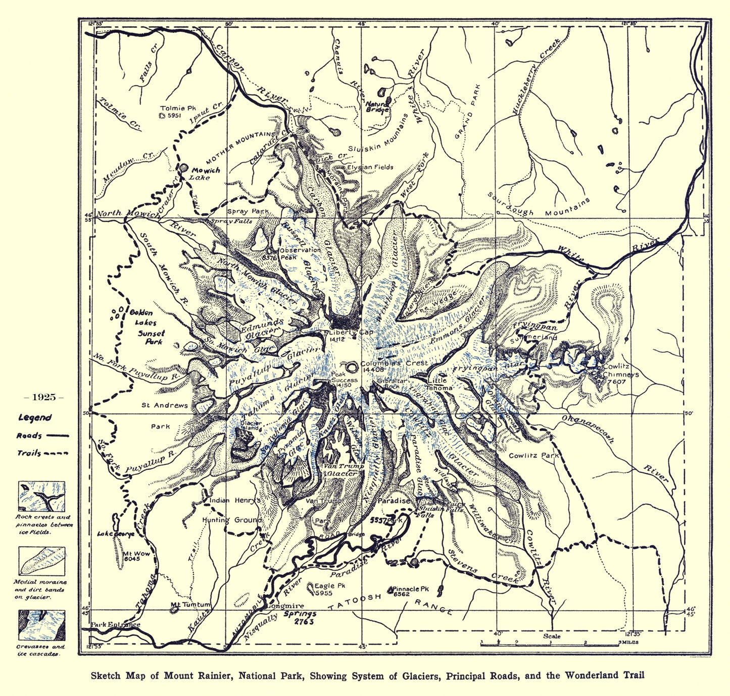 Historic State Map - Mount Rainier National Park - Putnam 1925 - 24 x 23 - Vintage Wall Art