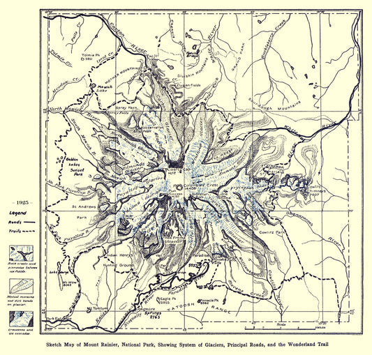 Historic State Map - Mount Rainier National Park - Putnam 1925 - 24 x 23 - Vintage Wall Art