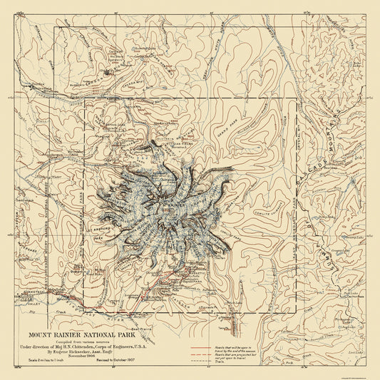 Historic State Map - Mount Rainier National Park - Chittenden 1907 - 23 x 23 - Vintage Wall Art