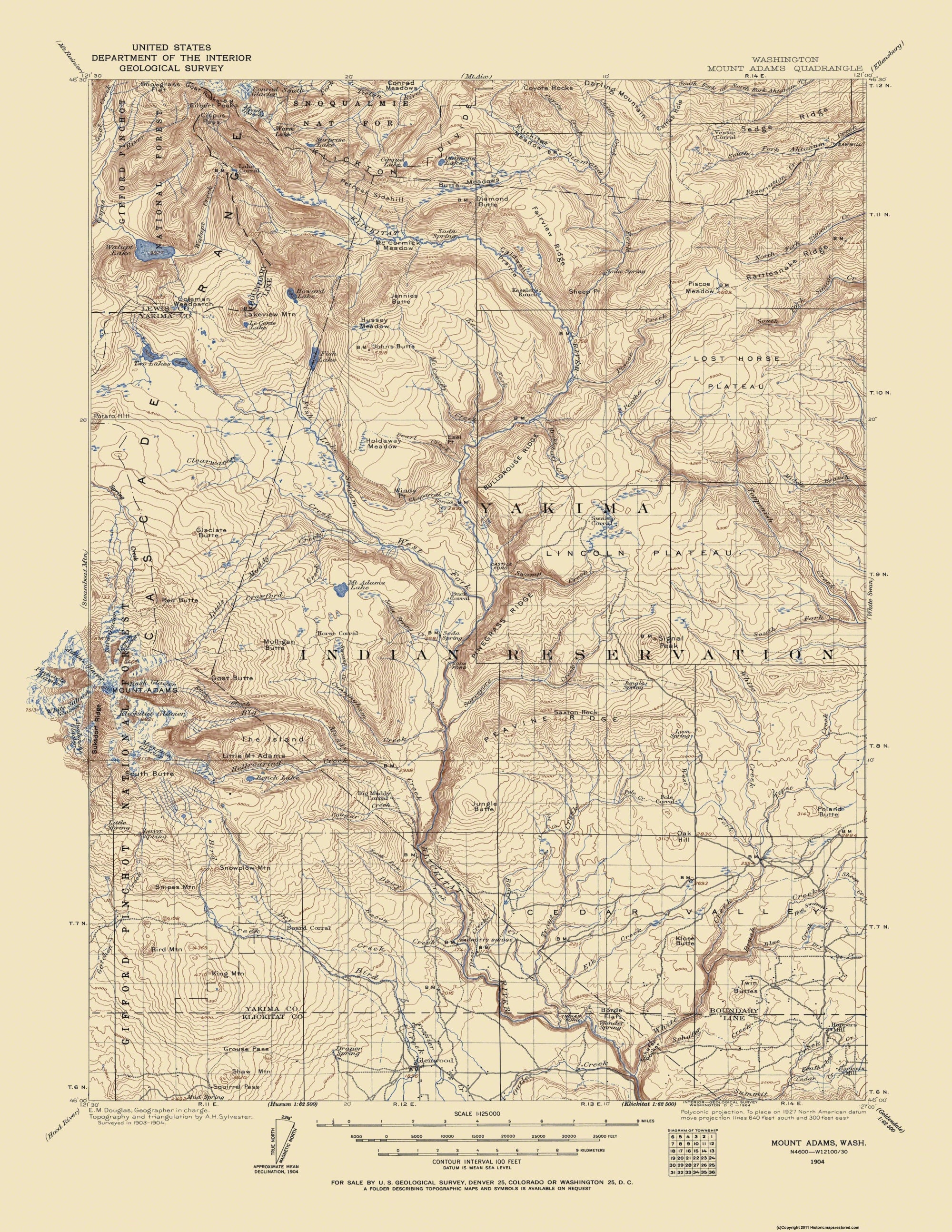 Topographical Map - Mt Adams Washington Quad - USGS 1904 - Vintage Wal ...