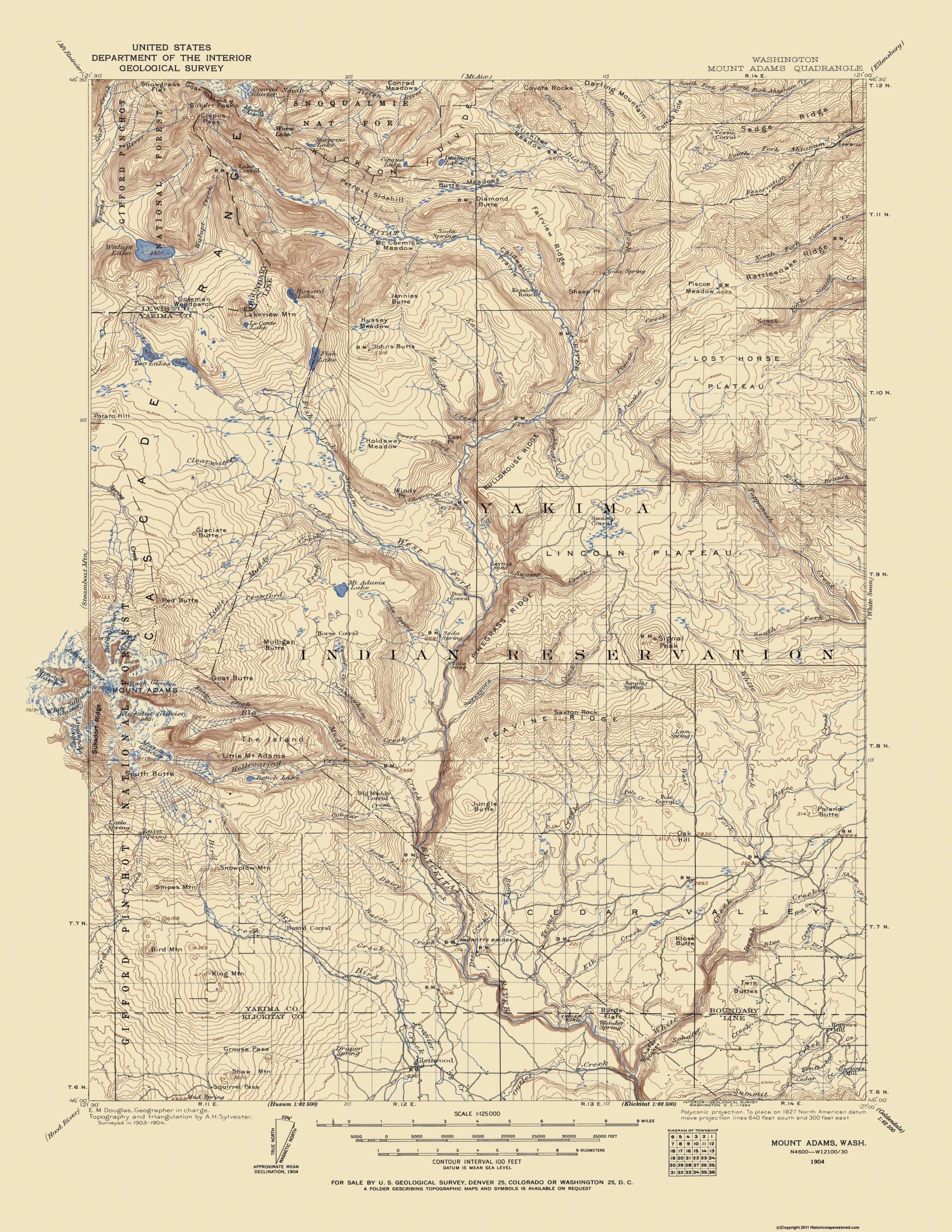 Topographical Map - Mt Adams Washington Quad - Usgs 1904 - 23 X 29.77 