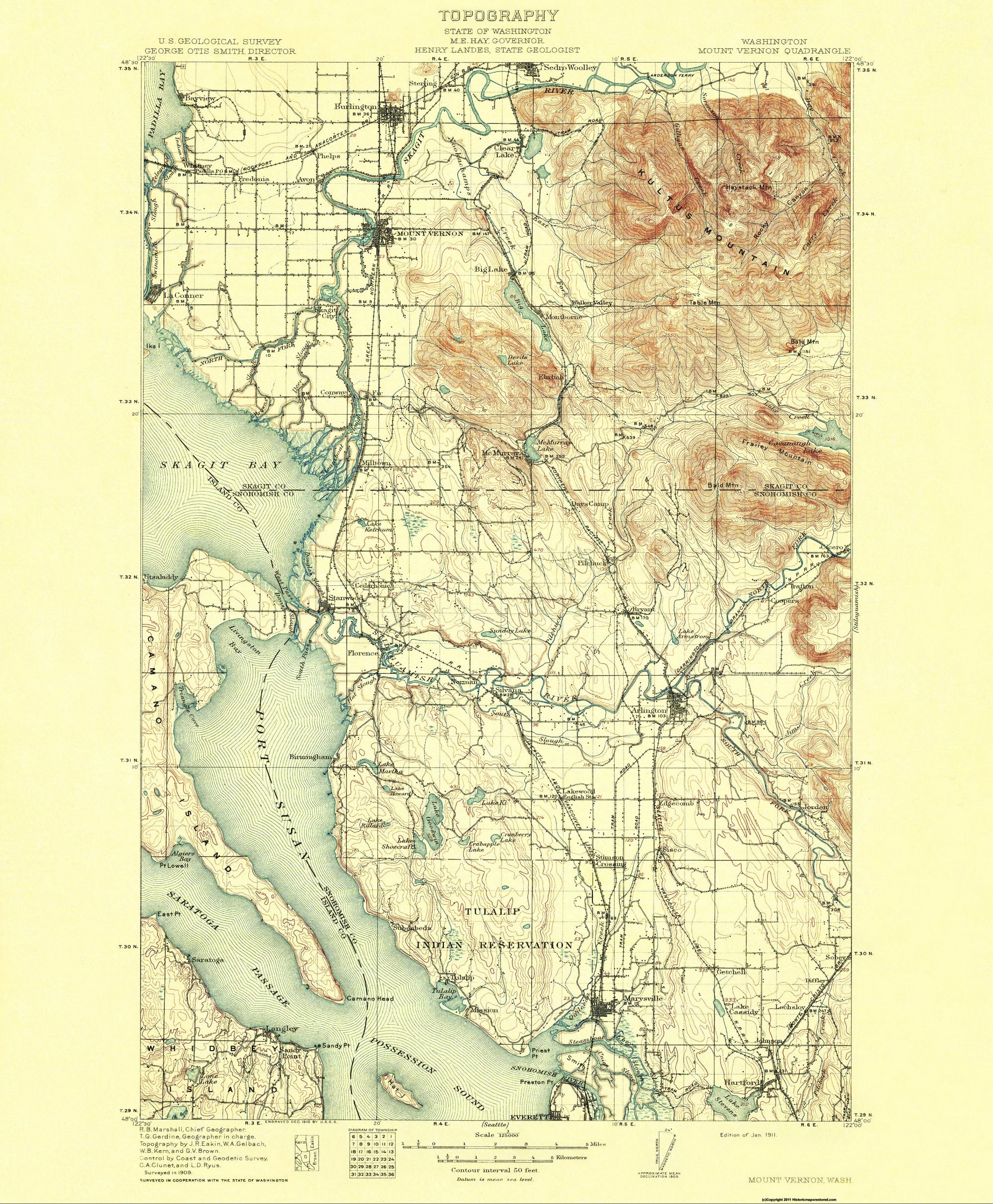 Topographical Map - Mt Vernon Washington Quad - USGS 1911 - 23 x 27.89 ...