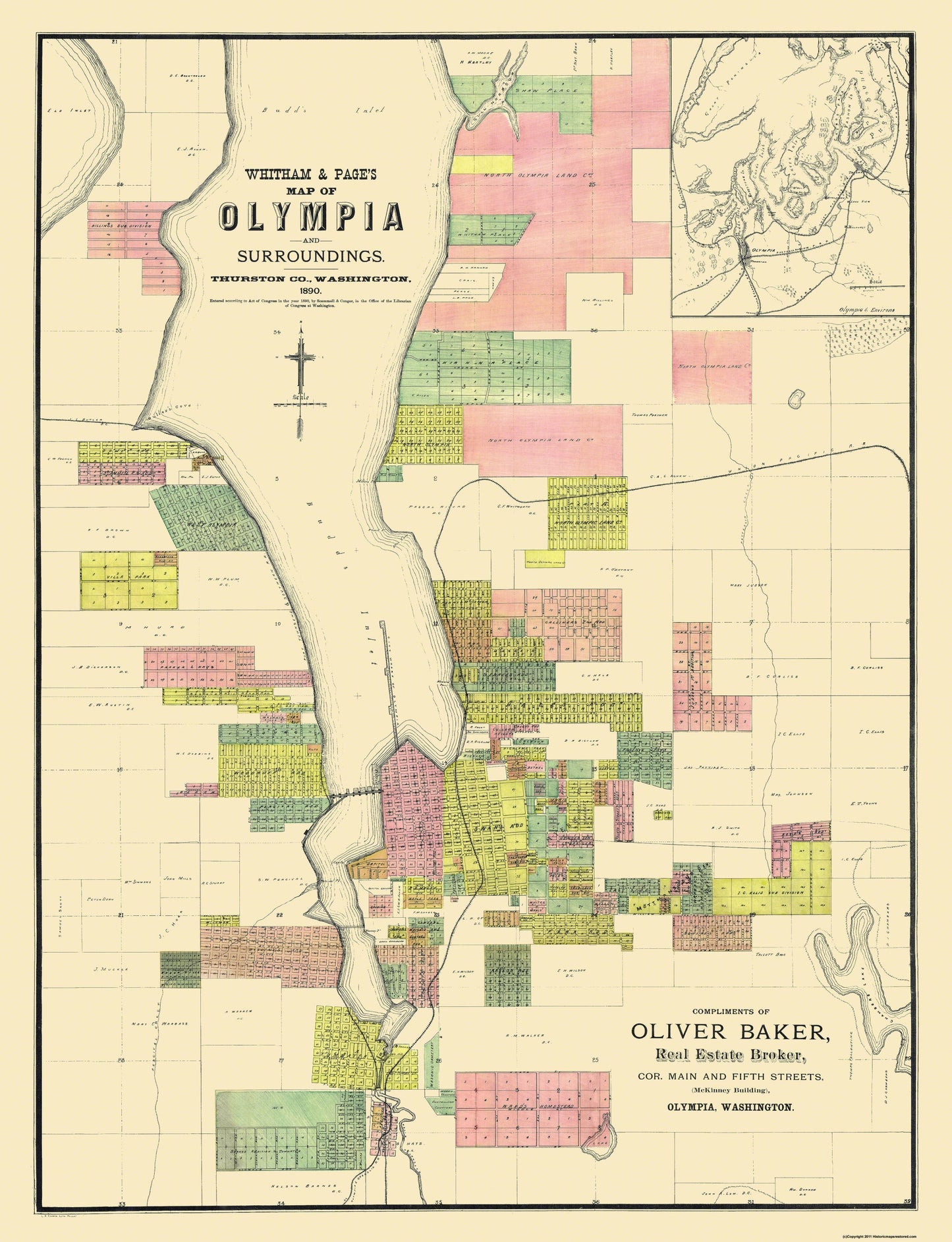 Historic City Map - Olympia Washington - Whitham 1890 - 23 x 30 - Vintage Wall Art