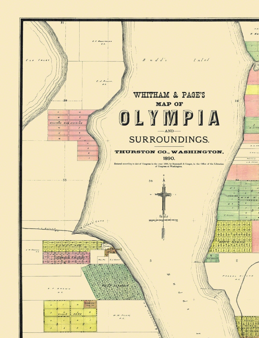 Historic City Map - Olympia Washington - Whitham 1890 - 23 x 30 - Vintage Wall Art