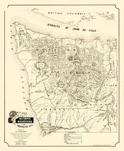 Historic State Map - Olympic Mountains Washington - Gill 1890 - 23 x 27.91 - Vintage Wall Art