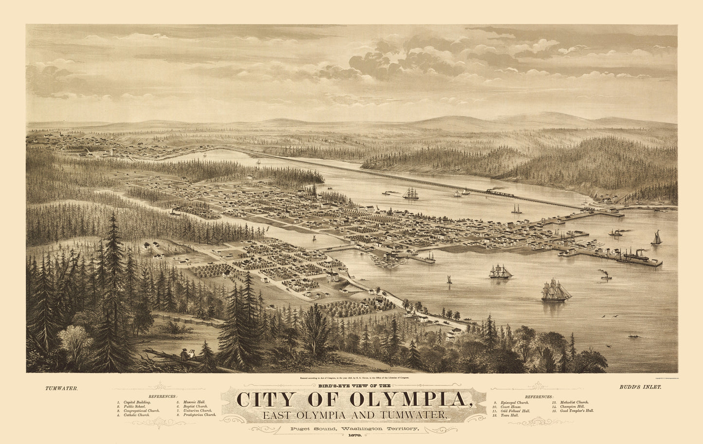 Historic Panoramic View - Olympia Washington - Glover 1879 - 23 x 36.43 - Vintage Wall Art