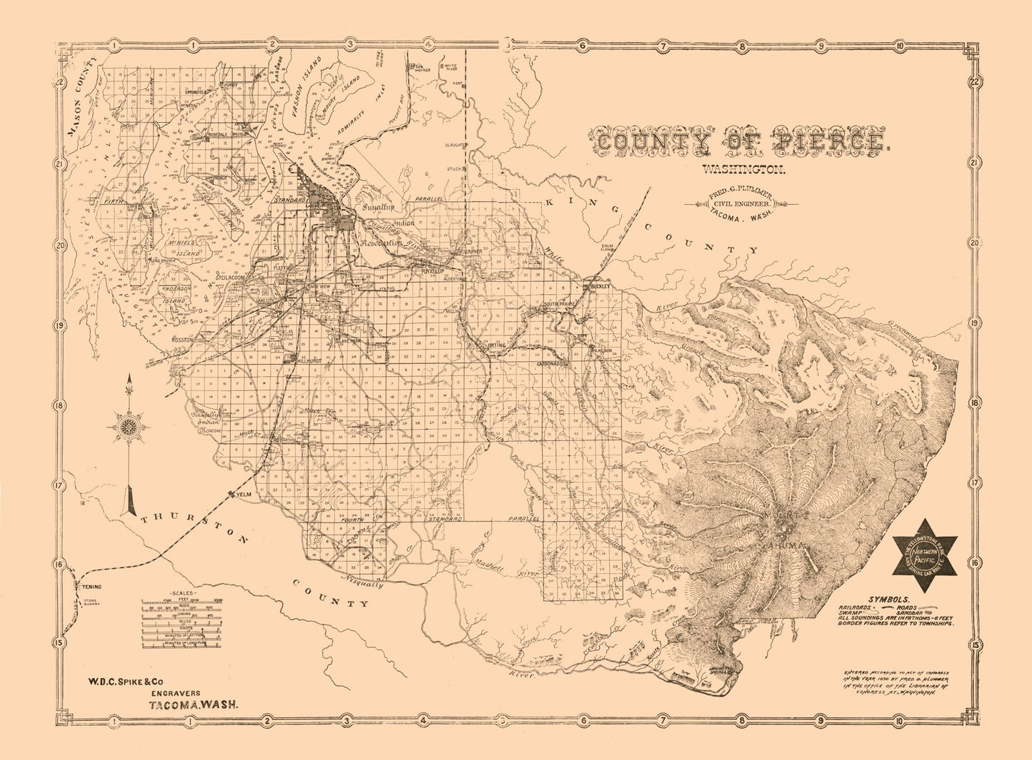 Historic County Map - Pierce County Washington - Plummer 1890 - 31.21 x 23 - Vintage Wall Art