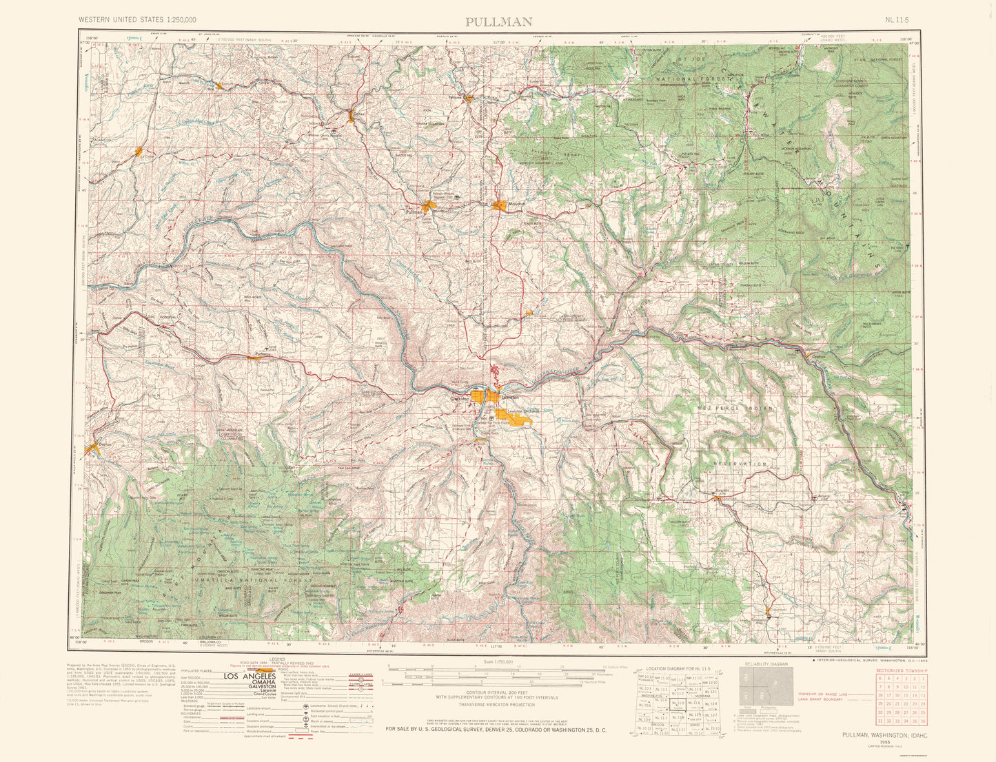 Topographical Map - Pullman Washington Idaho Quad - USGS 1963 - 23 x 30.05 - Vintage Wall Art