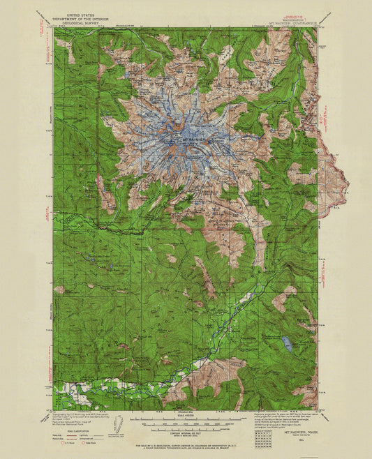 Topographical Map - Mt Rainier Washington Quad - USGS 1924 - 23 x 28.38 - Vintage Wall Art