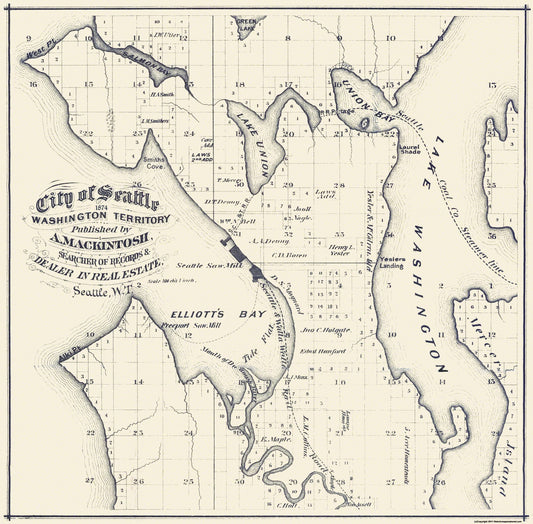 Historic City Map - Seattle Washington - Mackintosh 1874 - 23.44 x 23 - Vintage Wall Art