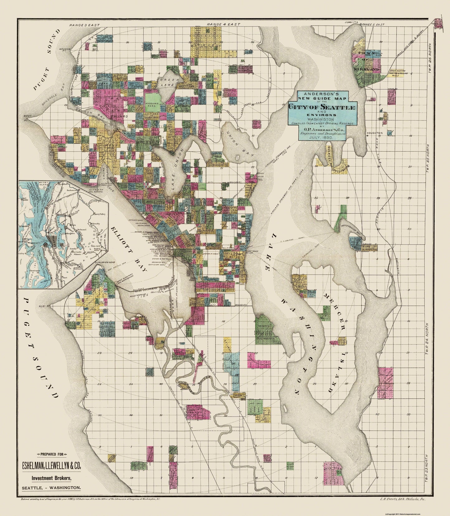 Historic City Map - Seattle Washington - Anderson 1890 - 23 x 26.44 - Vintage Wall Art