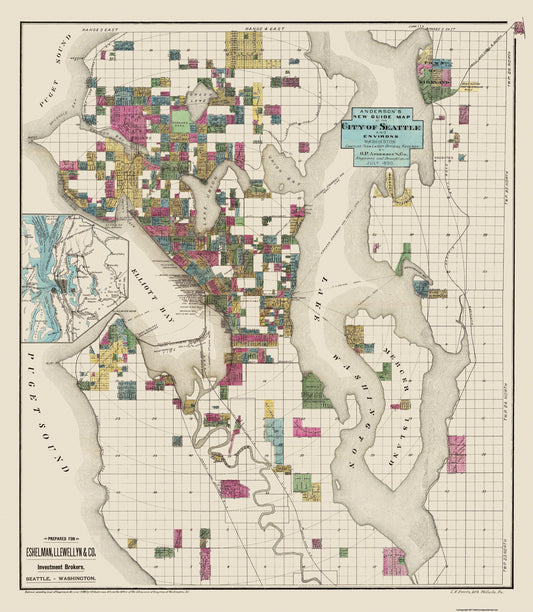 Historic City Map - Seattle Washington - Anderson 1890 - 23 x 26.44 - Vintage Wall Art