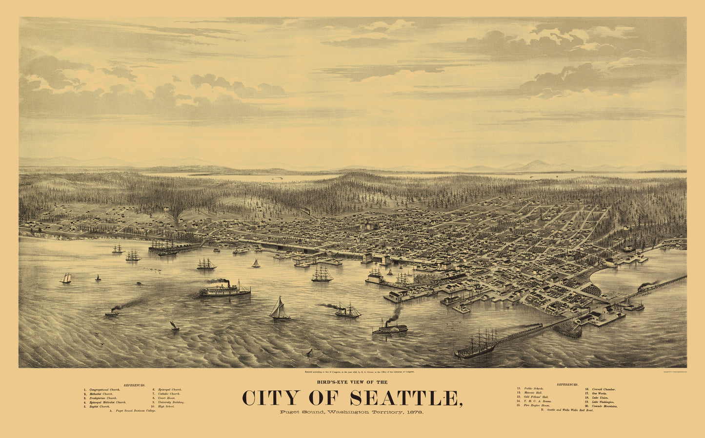 Historic Panoramic View - Seattle Washington - Glover 1878 - 23 x 36.95 - Vintage Wall Art