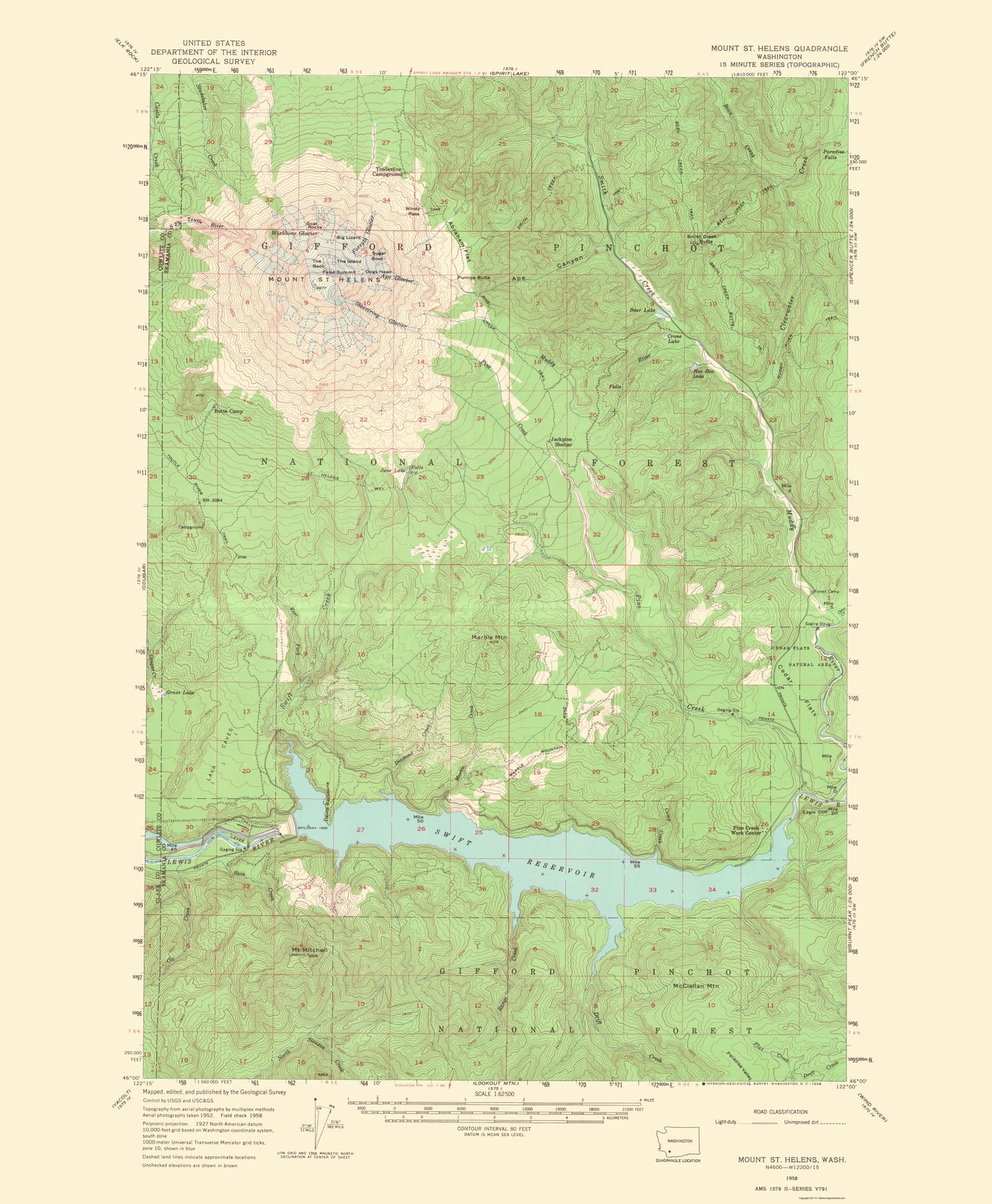 Topographical Map - Mt St Helens Washington Quad - USGS 1968 - 23 x 27.93 - Vintage Wall Art