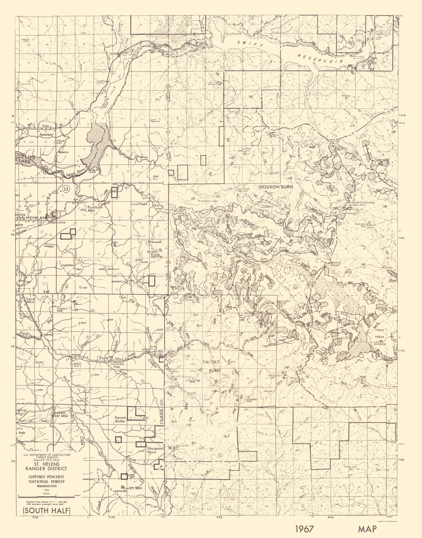 Topographical Map - Mt St Helens Ranger District Washington Quad - USDA 1967 - 23 x 29.31 - Vintage Wall Art