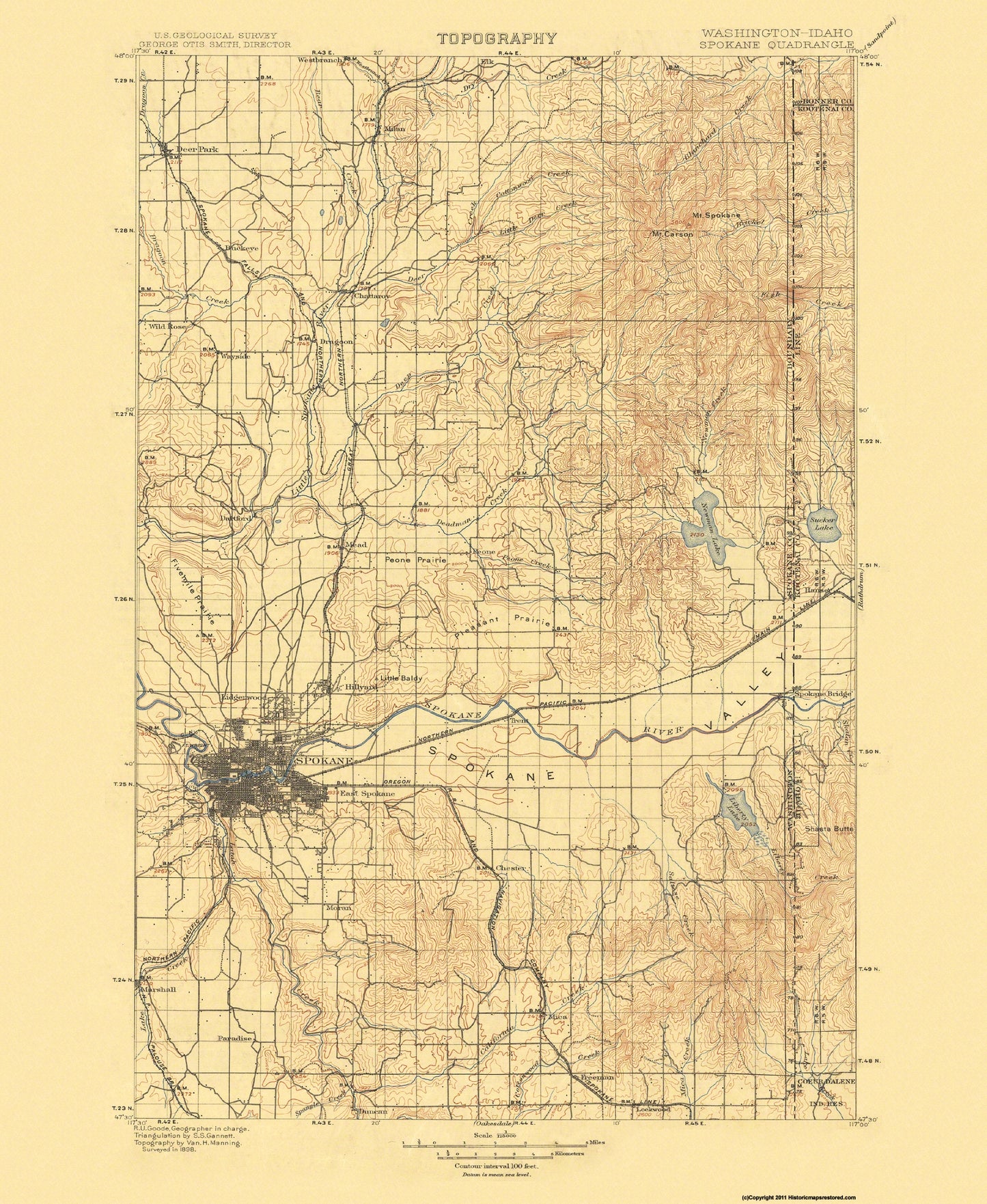 Topographical Map - Spokane Washington Quad - USGS 1901 - 23 x 28.06 - Vintage Wall Art