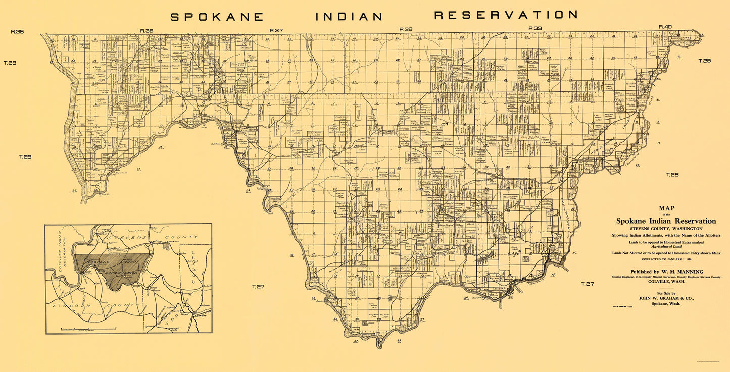 Historic County Map - Spokane Indian Reservation - Manning 1910 - 23 x 45.07 - Vintage Wall Art