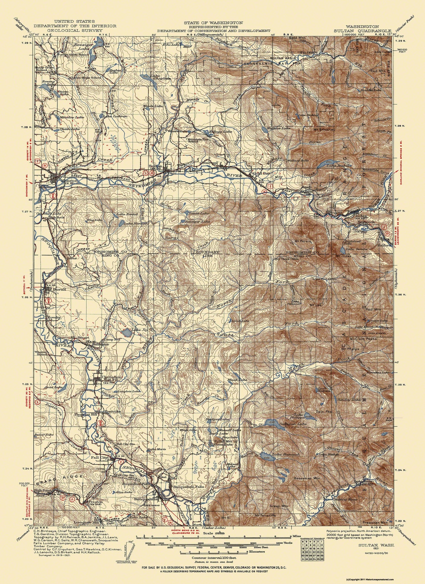 Topographical Map - Sultan Washington Quad - USGS 1921 - 23 x 31.63 - Vintage Wall Art