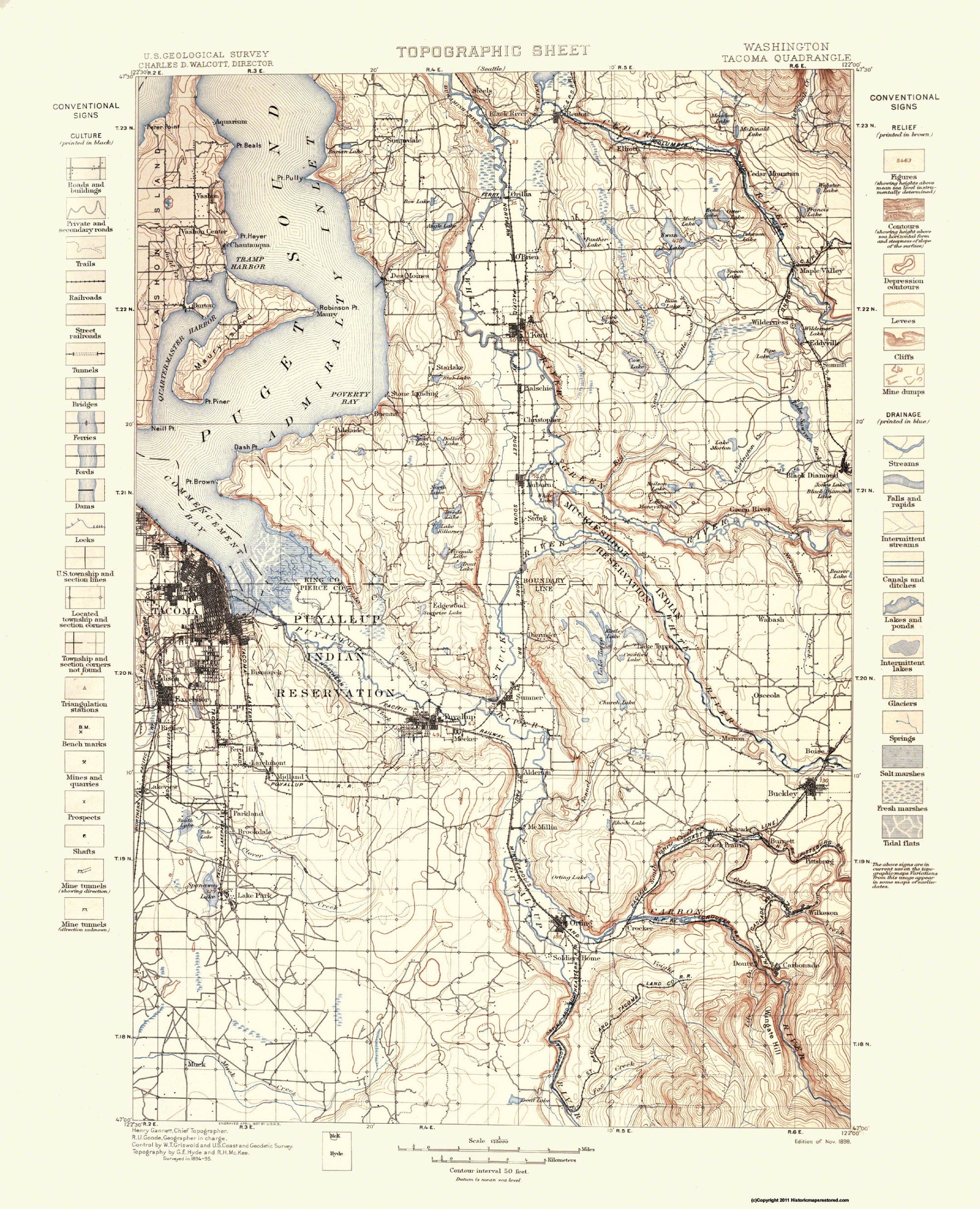 Topographical Map - Tacoma Washington Quad - USGS 1898 - 23 x 28.36 ...